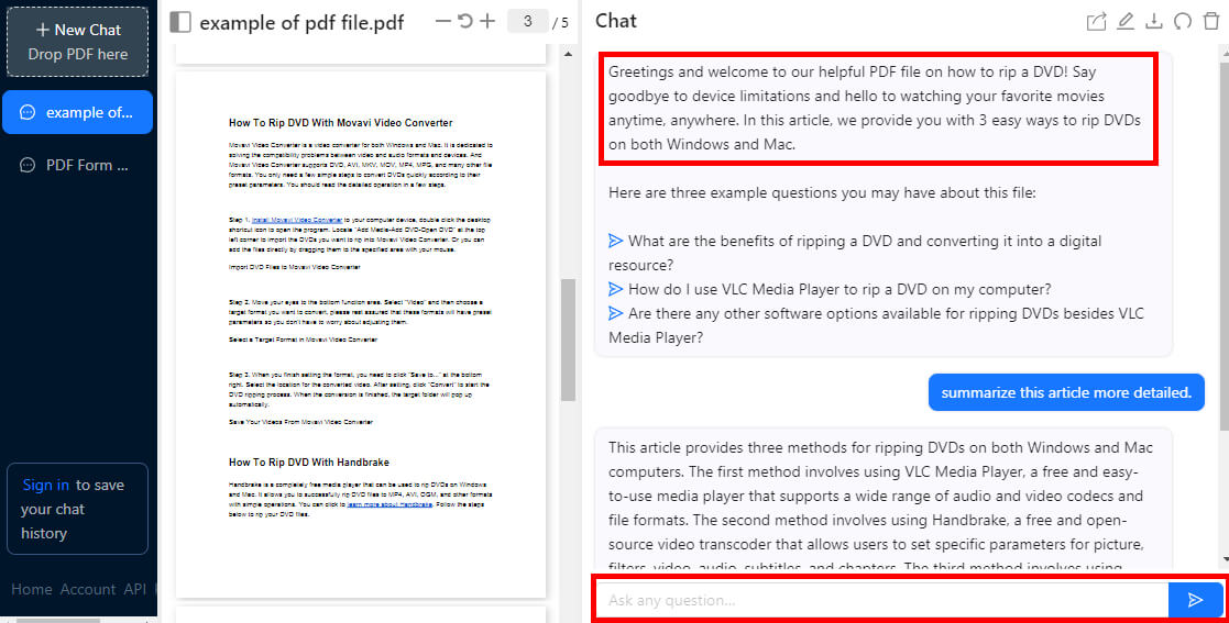Summarize an Article in ChatPDF