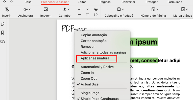 Aplicar sua Assinatura a um PDF no Mac com PDFgear