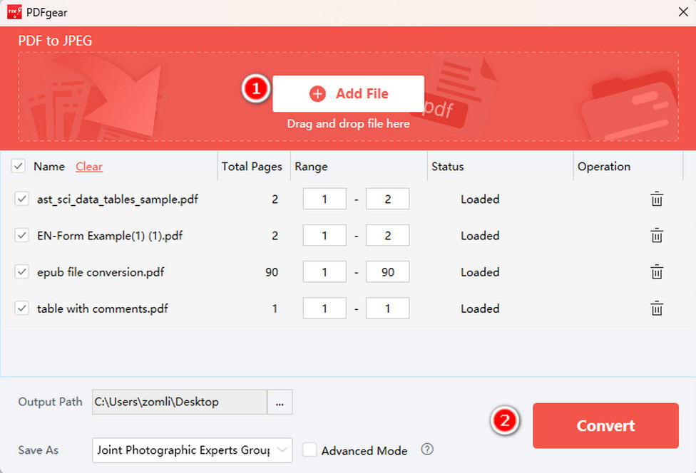 Batch Convert PDFs to JPEGs on PDFgear Windows