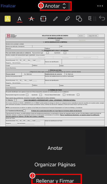 Toca el botón Llenar y Firmar