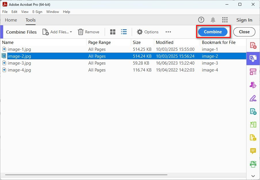 Combinar JPEGs em um PDF com Adobe
