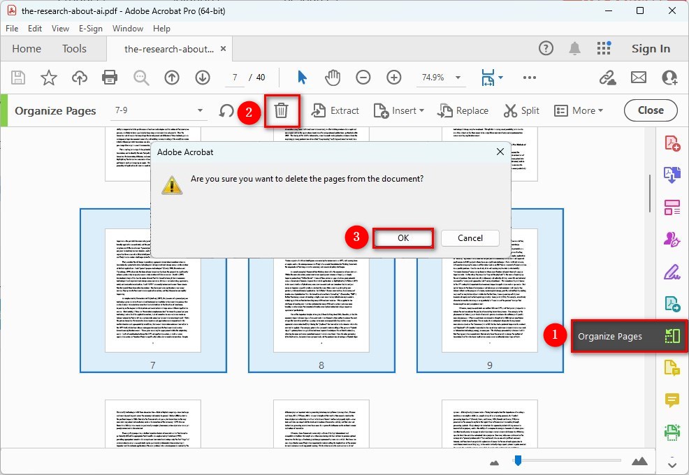 Supprimer des pages PDF dans Acrobat