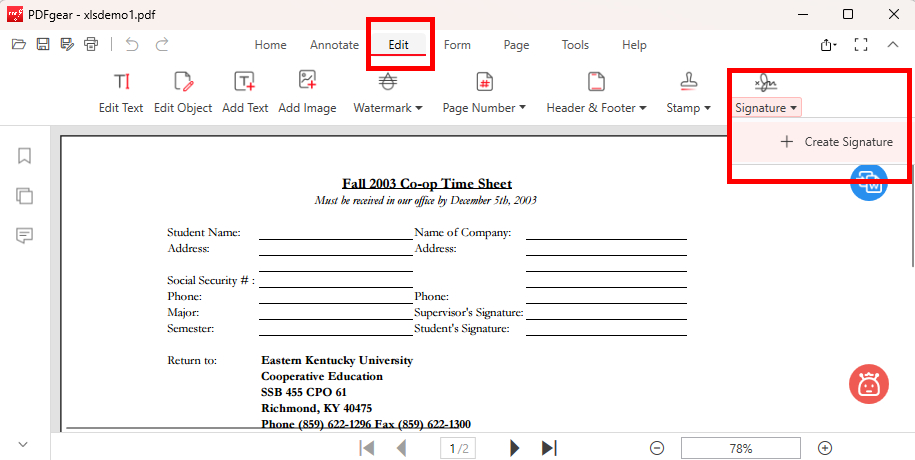 Click on Signature in PDFgear