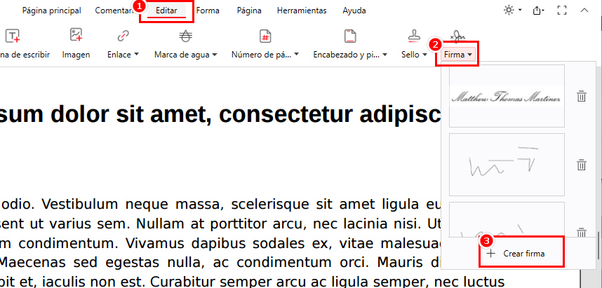 Elige la opción Crear Firma en PDFgear