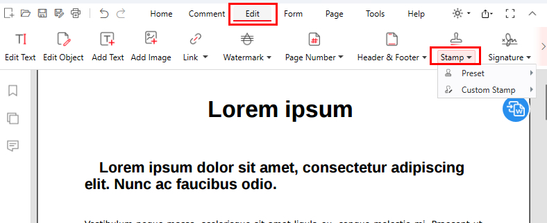 Find the Stamp button in the Edit Toolbar