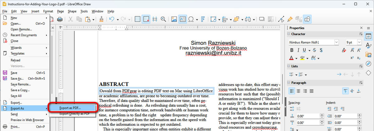Export PDF in LibreOffice