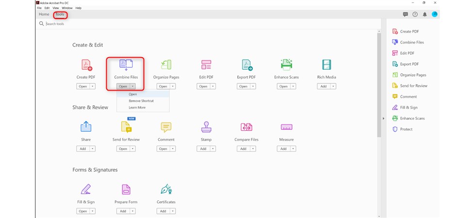 Apri lo strumento Combina file in Adobe