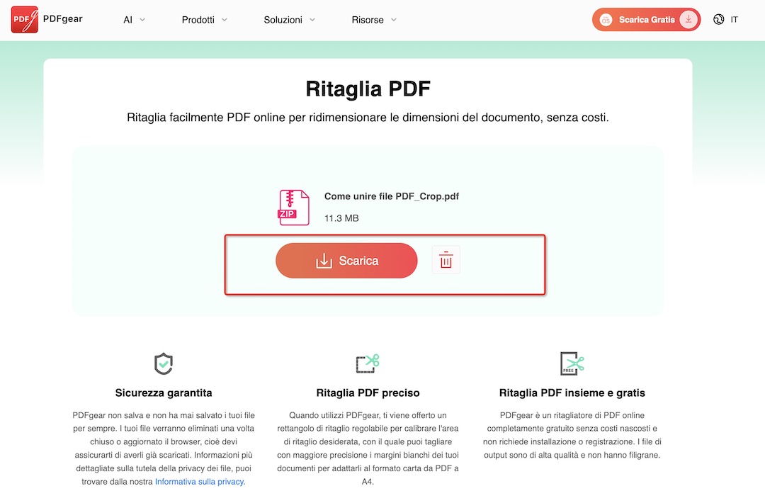 Operazioni di download e salvataggio di PDFgear
