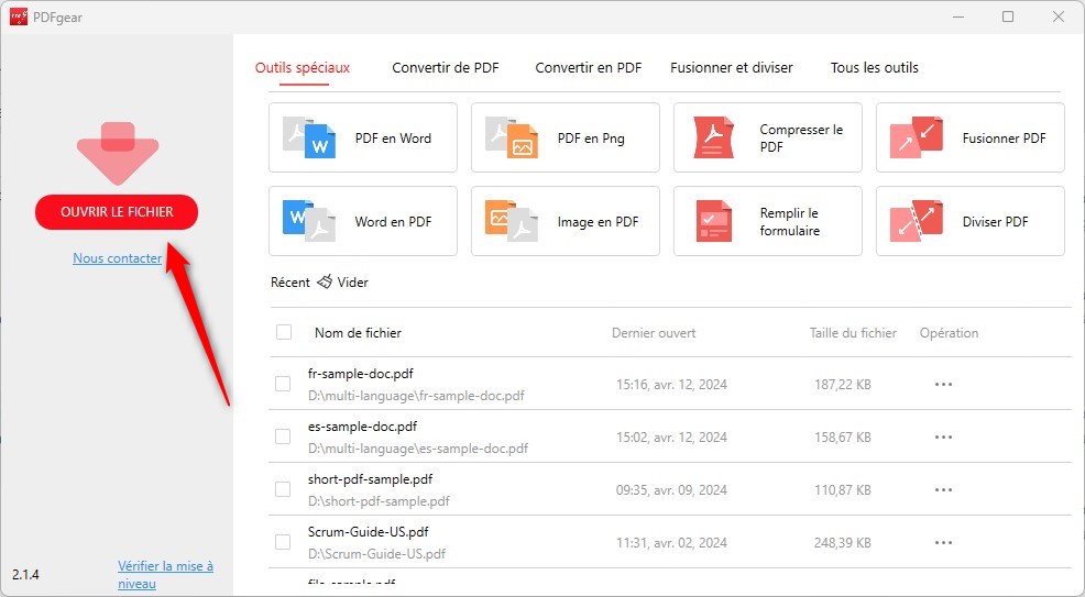 Ouvrir un fichier PDF dans PDFgear Desktop