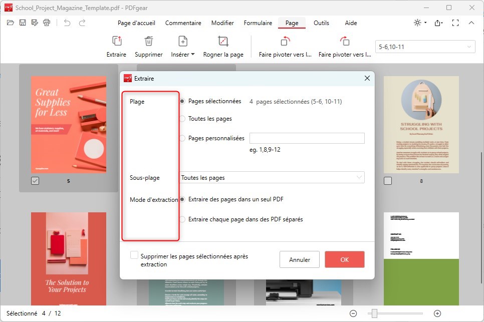 Pages PDF extraites personnalisées
