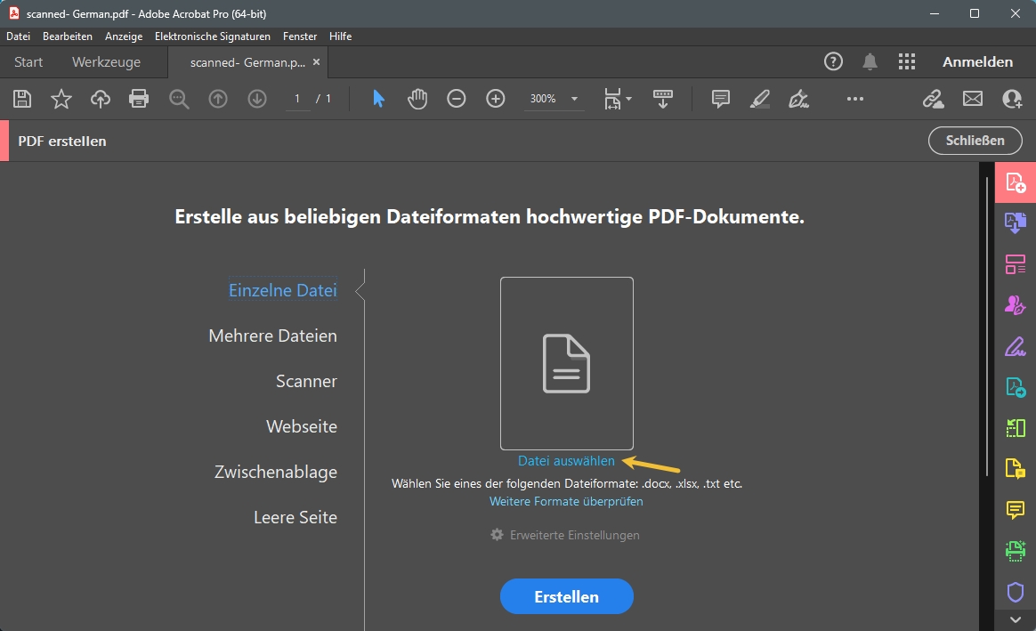 PDF aus gescanntem PDF in Acrobat erstellen