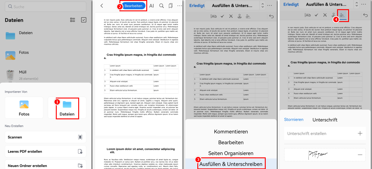 Signatur-Schaltfläche in PDFgear für Android finden