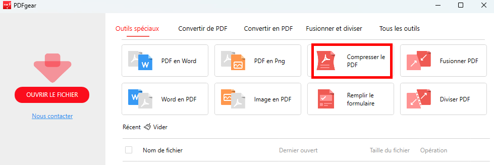 Localisez la fonction de compression PDF