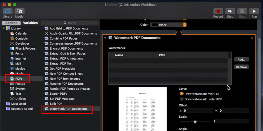 Go to Watermark PDF Documents in Automator