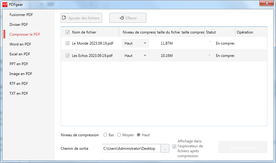 Compresser les fichiers dans PDFgear Bureau