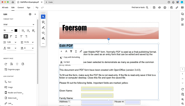 Faça edições no texto selecionado dentro da área editável